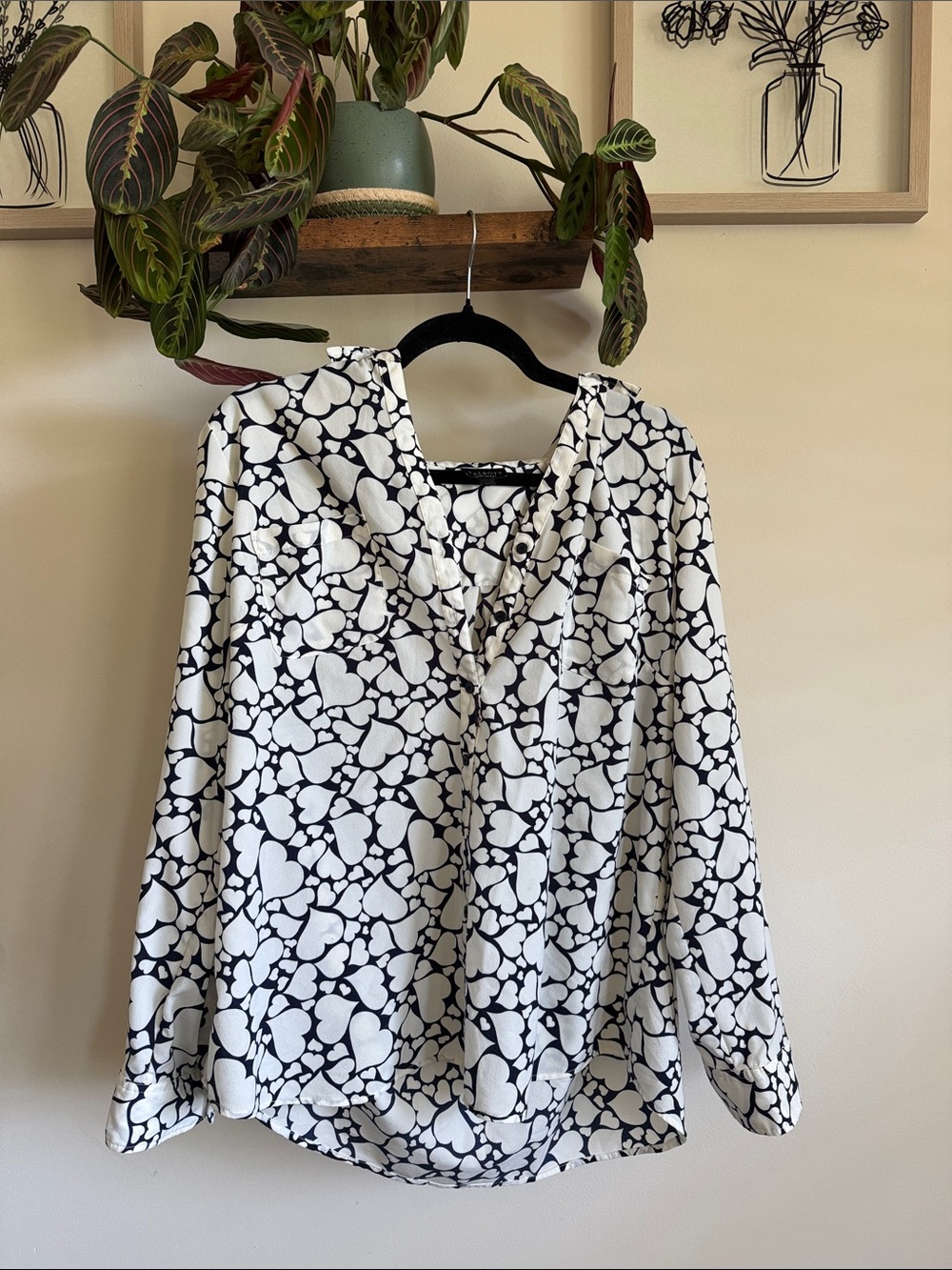 Talbots Black and White Heart Print V-Neck Blouse